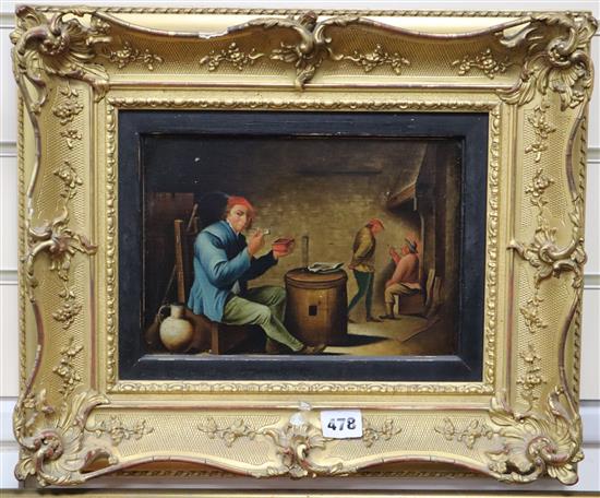 Flemish School, oil on panel, Interior with pipe smokers, 16 x 24cm